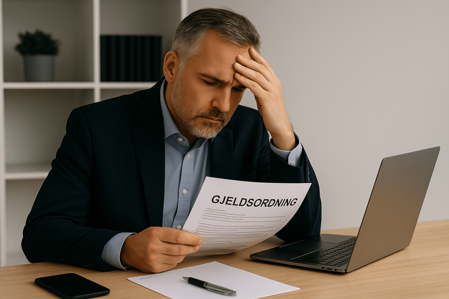 Mann som ser bekymret på dokument om gjeldsordning – gjeldsrådgivning hos Debitnor